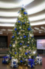 Blue and Silver Themed Christmas Tree and Decorations and Gift Boxes made of Blue and Silver Ornaments