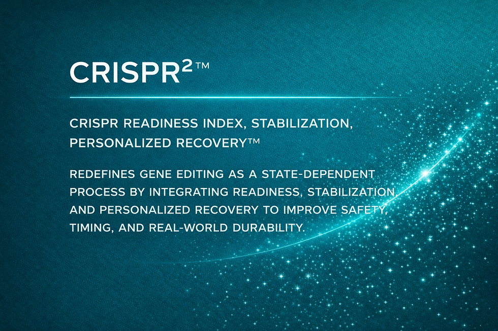 CRISPR²™ concept on a teal background with sparkles. Text highlights readiness, stabilization, personalized recovery in gene editing. By CYNAERA