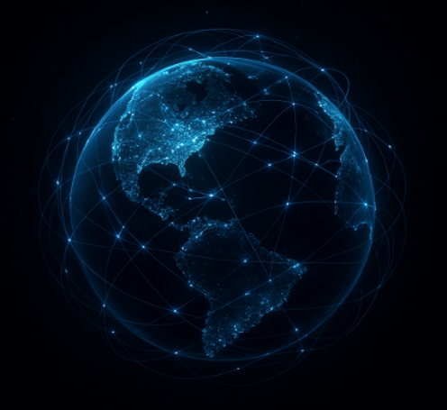 Illustration of data circling a teal globe
