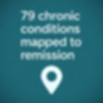 Text "79 chronic conditions mapped to remission" over teal background with a location icon, conveying a sense of hope and progress.