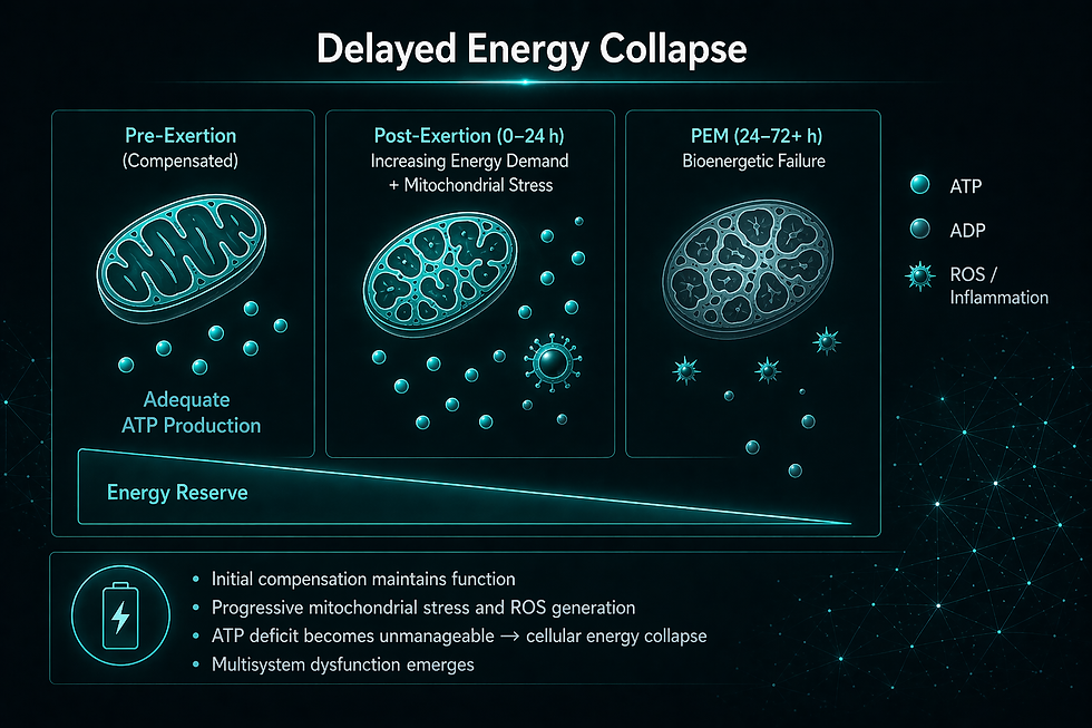 Diagram titled "Delayed Energy Collapse" illustrates mitochondrial stress stages: Pre-Exertion, Post-Exertion, and PEM. Includes ATP, ADP, and ROS. By CYNAERA