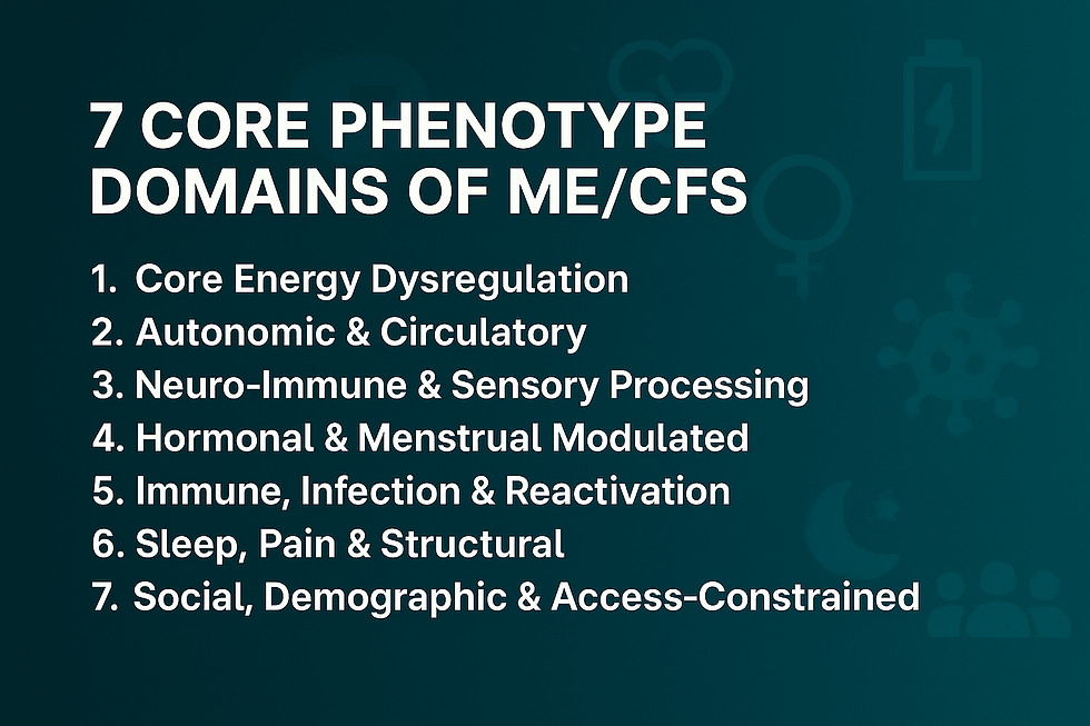Teal background with white text listing 7 core phenotype domains of ME/CFS, including energy dysregulation and sensory processing.