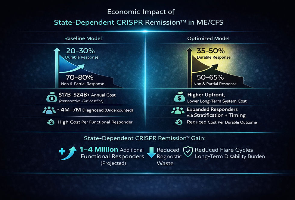 Infographic compares baseline and optimized models of CRISPR's impact on ME/CFS. Highlights costs, response rates, and gains in responders. By CYNAERA