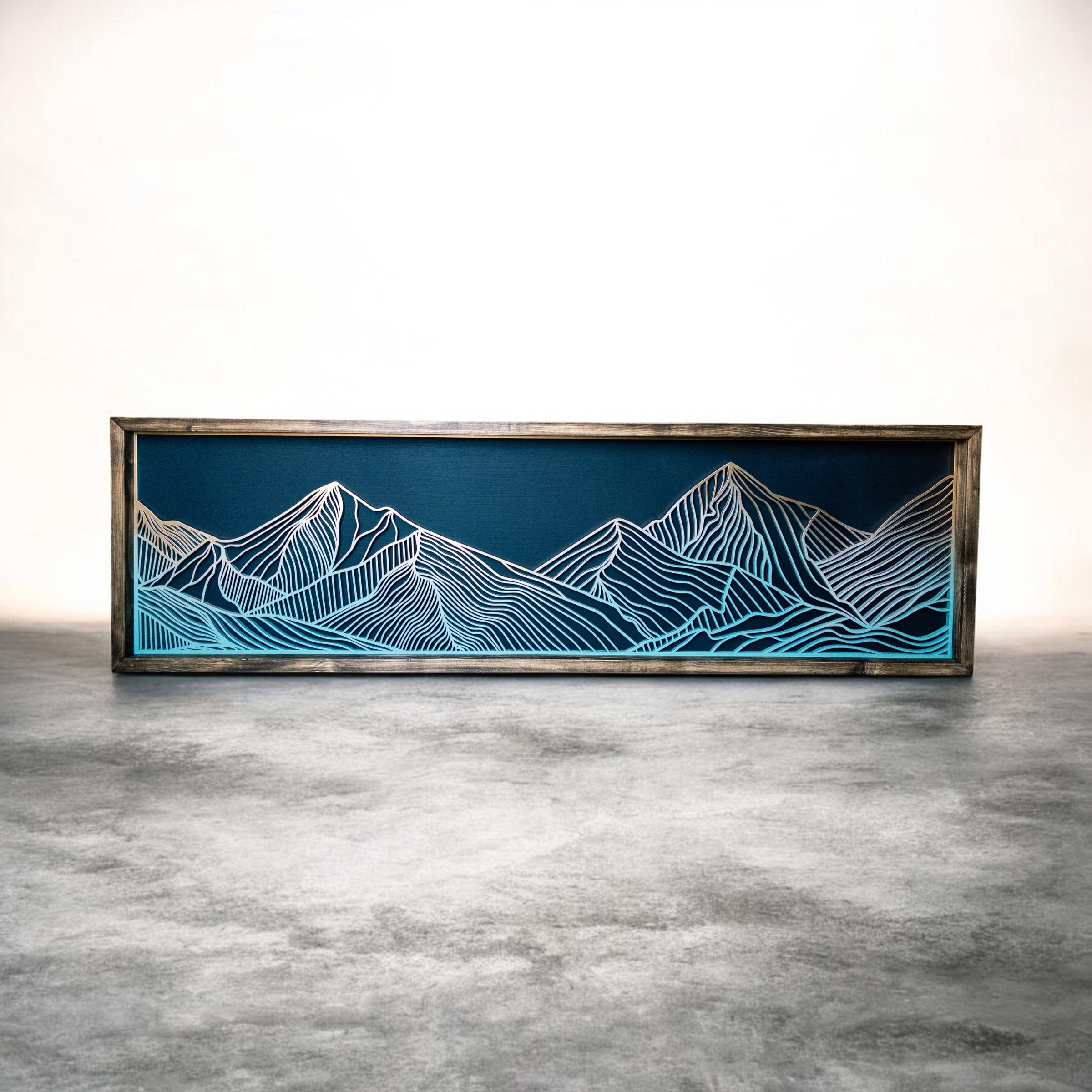 Layered Mountain Wall Art – Teal, Blue & Gold | 41” Framed Statement Décor