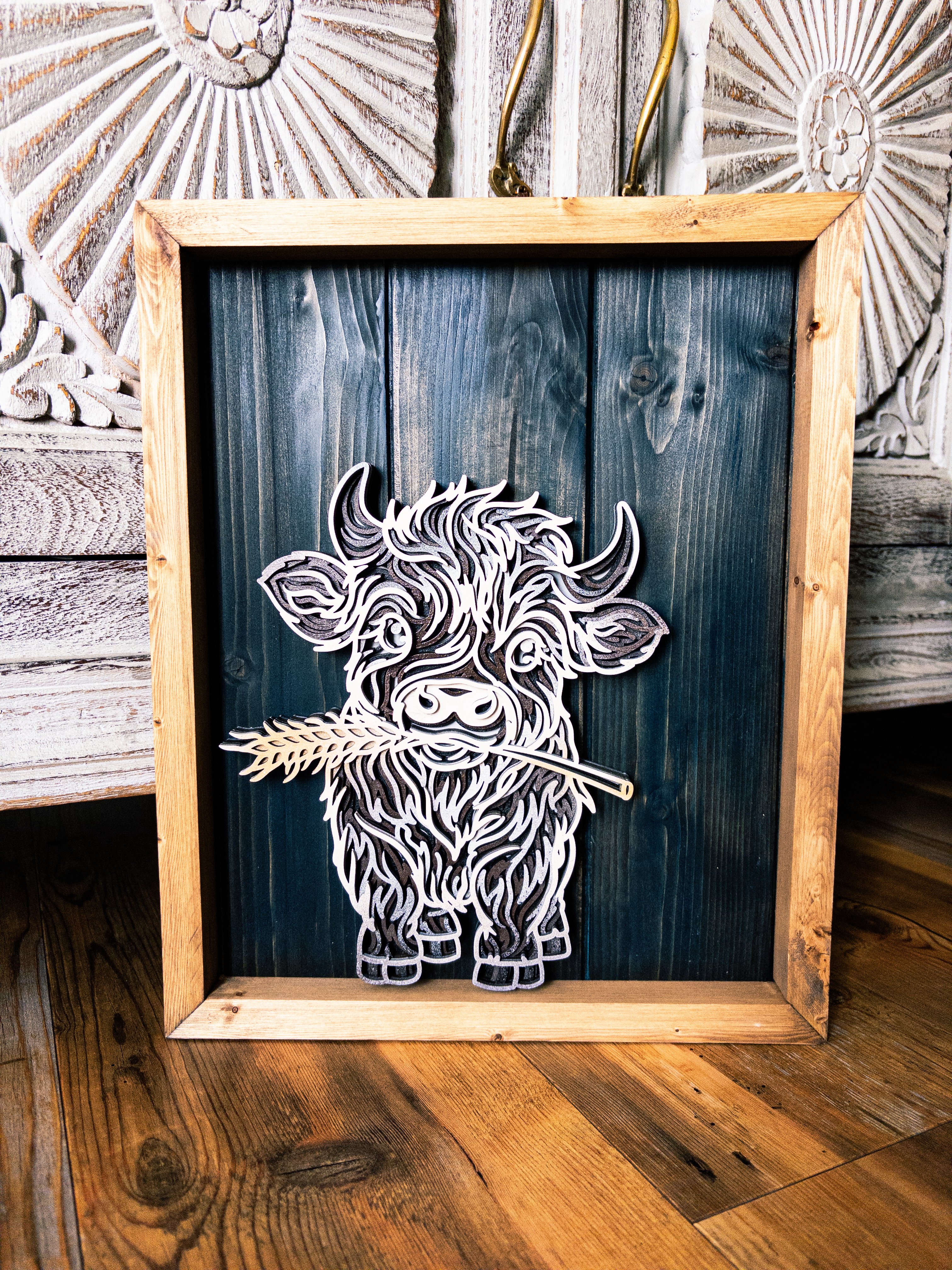 Baby Highland Cow – Framed Layered Wood Art