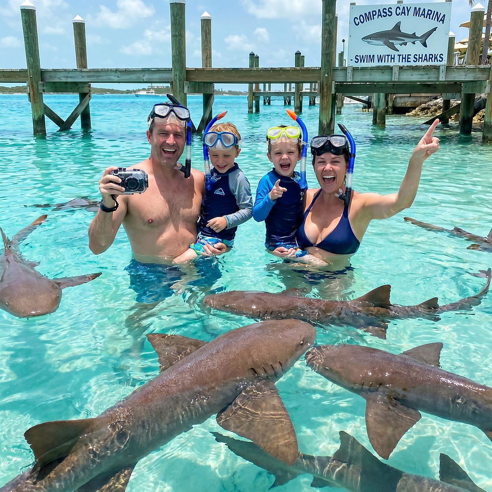 family swimming with nurse sharks at Compass Cay in Exuma