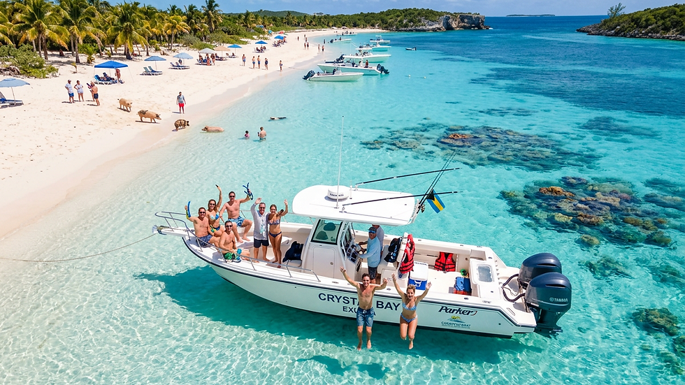 High angle view of a private boat anchored near a sandy beach in Exuma