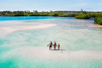 aerial view of family standing on a sandbar