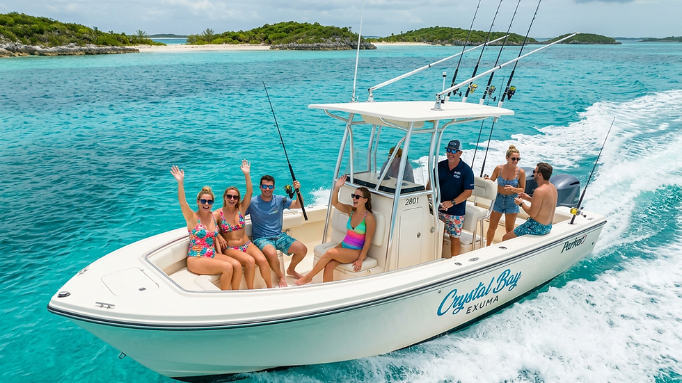Eye-level view of a private boat cruising on clear turquoise waters near Exuma