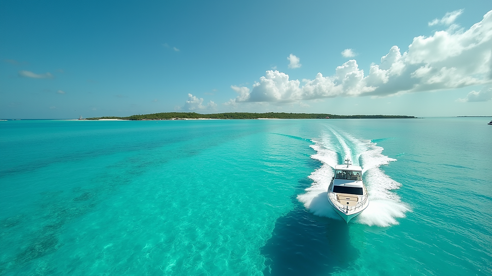 High angle view of a boat cruising over clear blue water near Exuma islands