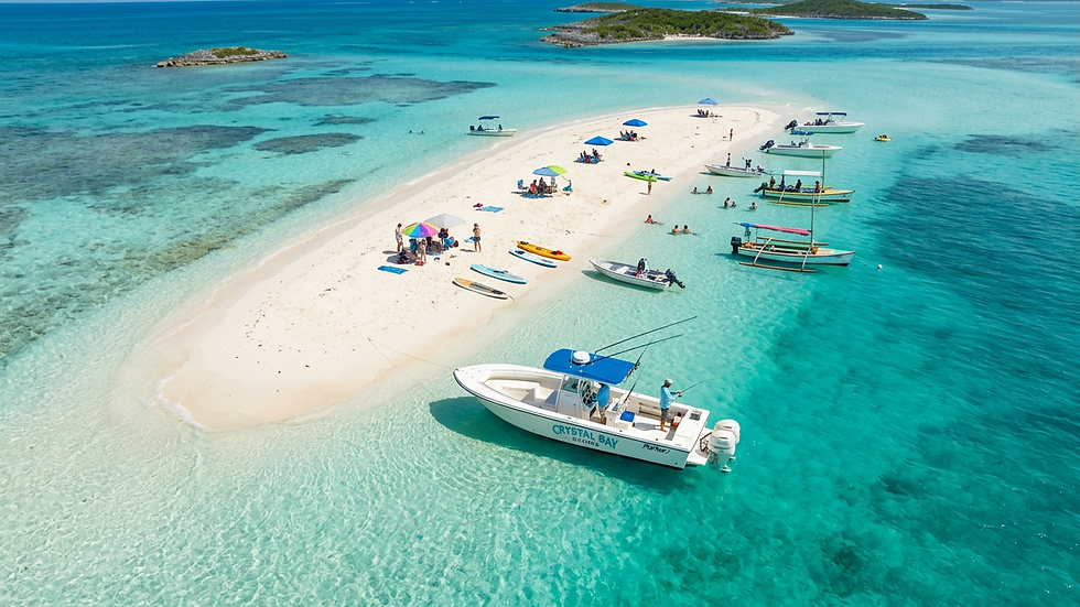 High angle view of a sandbar surrounded by turquoise water in Exuma Bahamas