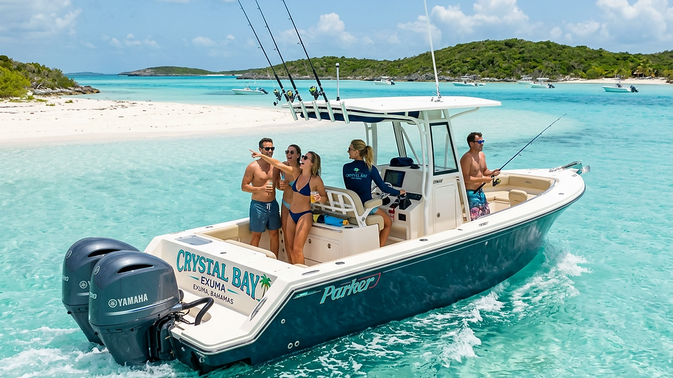 Eye-level view of a private boat cruising on clear turquoise waters near Exuma