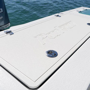 Boat deck storage hatch and Yamaha motor