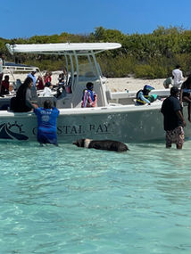 group and captain enjoying their full day boat tour at pig beach