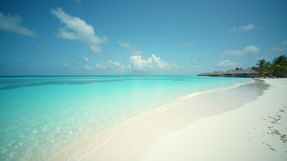Wide angle view of a small cay with white sandy beach and clear blue water in the Bahamas