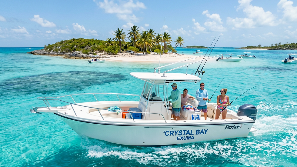 Eye-level view of a private boat cruising turquoise waters near Exuma cays