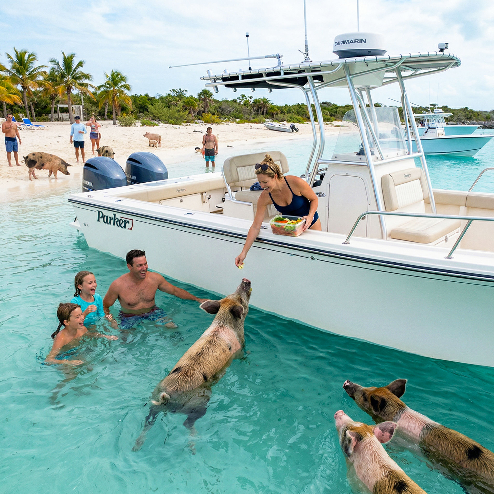 family on Exuma beach feeding pigs on the beach
