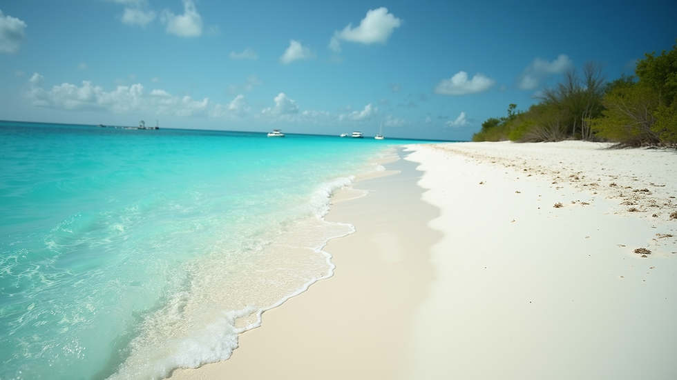Eye-level view of turquoise water and white sandy beach in the Bahamas