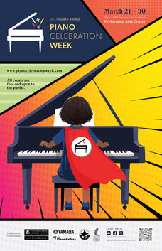 Child plays piano with cape for Piano Celebration Week March 21-30, 2025 event.