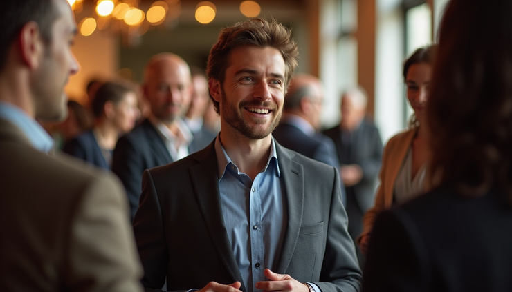 Eye-level view of a person confidently engaging in conversation at a social gathering