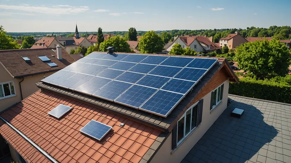 Wide angle view of a solar panel installation on a residential roof