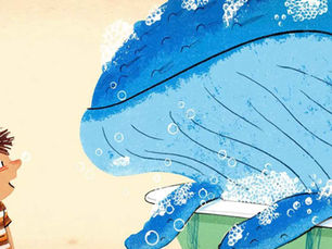 Merakla bakan çocuk, köpüklü büyük mavi balinayla karşı karşıya. Kylie Westaway'in yazdığı, Tom Jellet'ın resimlediği Whale in the Bath kitabından bir görüntü.