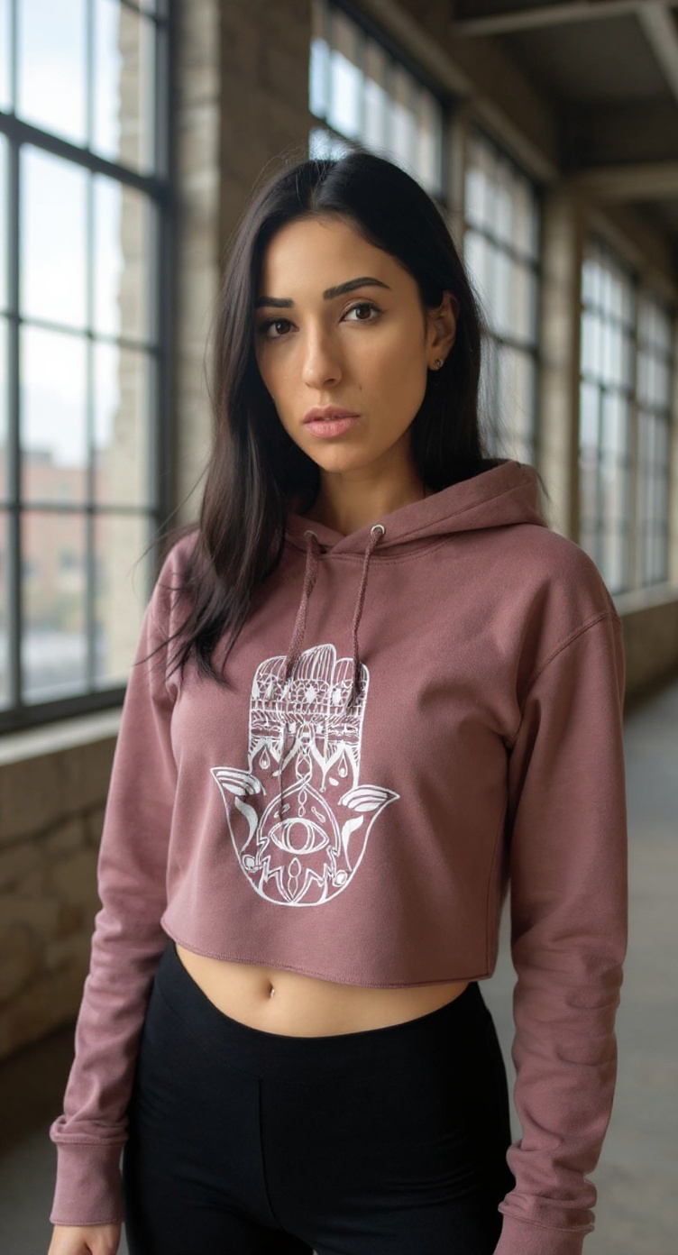 FAB FOREVER hamsa evil eye frosted pink hoodie by fab forever with model in yoga studio