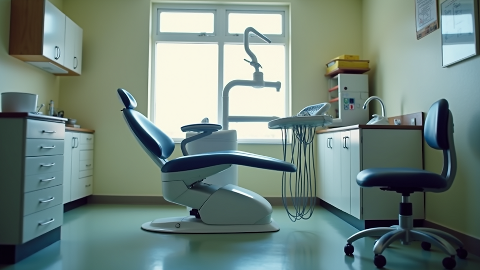 Eye-level view of a portable dental chair and equipment in a community center