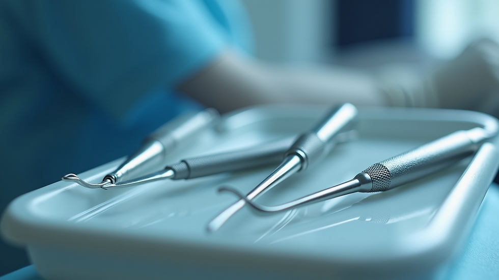 Close-up view of dental tools on a clean tray