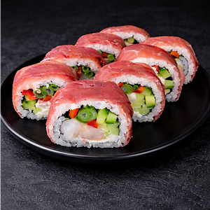 109. Cured beef & king prawn roll