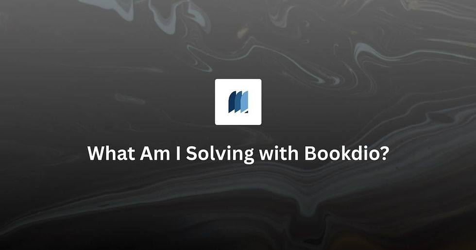 Bookdio review cover image with pattern in the backgrou and text that say What am I solving with bookdio?