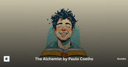 Smiling illustrated person above an open book, with The Alchemist by Paulo Coelho text on a beige Bookdio screen.