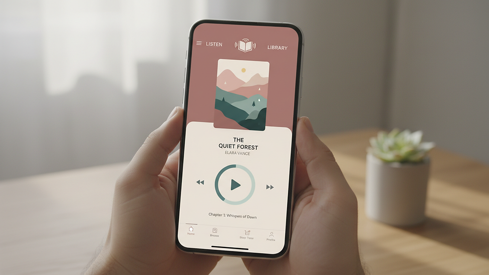 Eye-level view of a smartphone displaying audiobook app interface