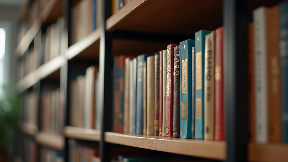 Close-up view of a bookshelf filled with neatly arranged books