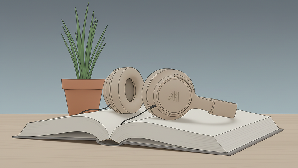 Close-up view of headphones resting on a book