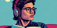 Person listening to an audiobook with headphones surrounded by books on bookdio