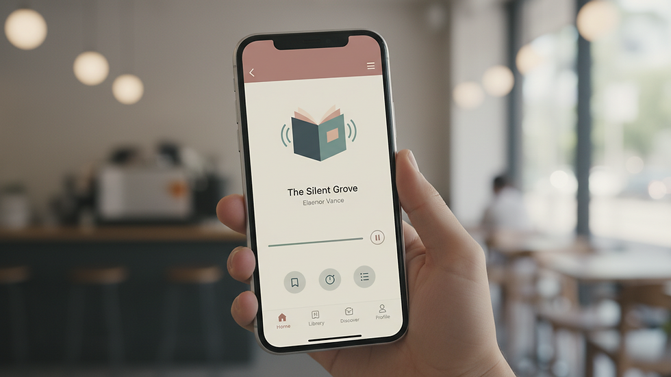 Eye-level view of a smartphone displaying an audiobook app interface on Bookdio.org