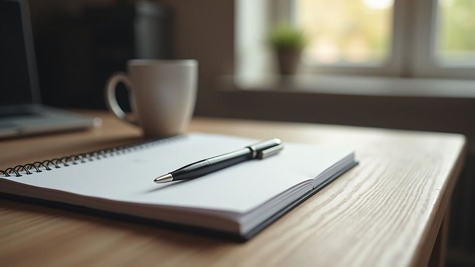 Eye-level view of a notebook and pen on a desk
