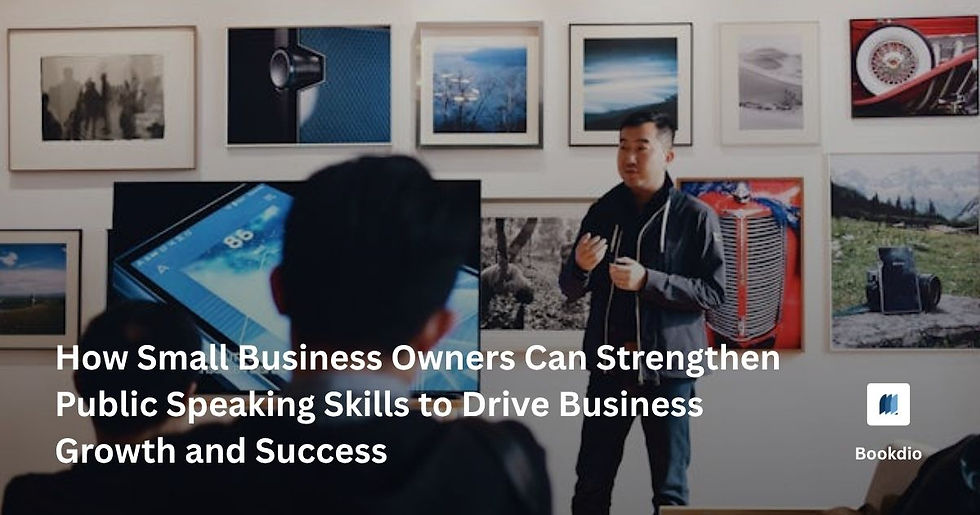 Small business owner delivers a presentation on enhancing public speaking skills to boost business success, surrounded by artwork.