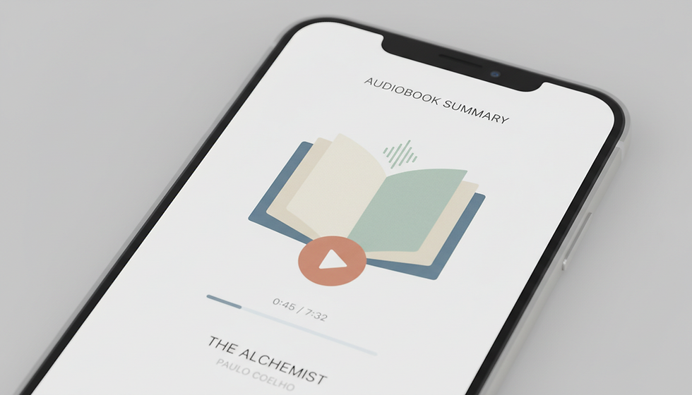 Smartphone screen displaying an audiobook app. The Alchemist by Paulo Coelho plays, showing progress at 0:45/7:32. Minimalist design on Bookdio.