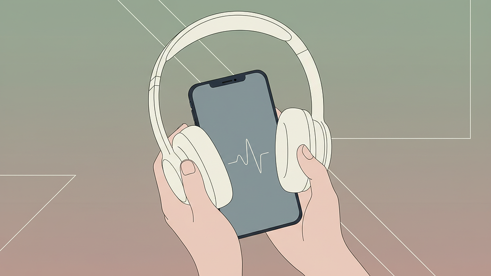 Close-up view of a person holding headphones and a smartphone