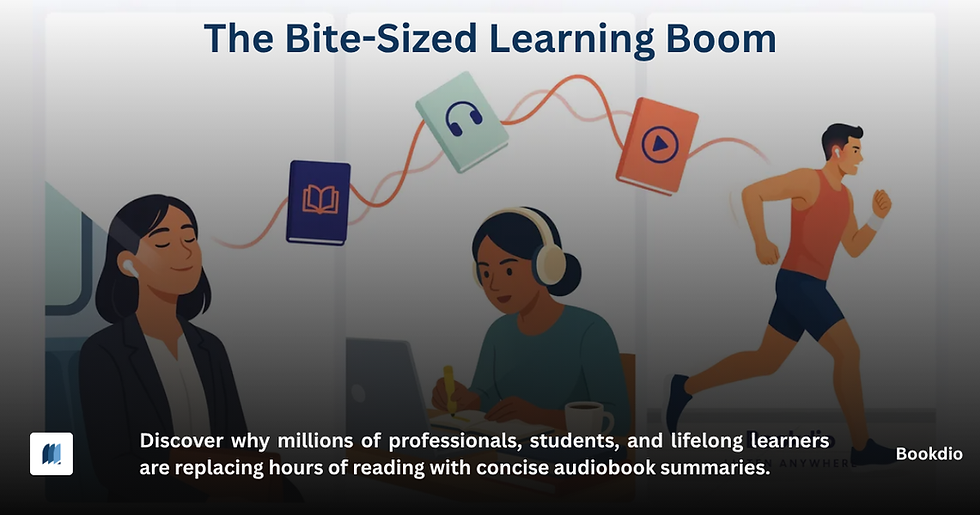 A professional commuting while listening to an audiobook. A student studying with headphones. A runner listening during a workout. Floating book covers connected by audio waveforms. Clean white background with Bookdio's brand colors.