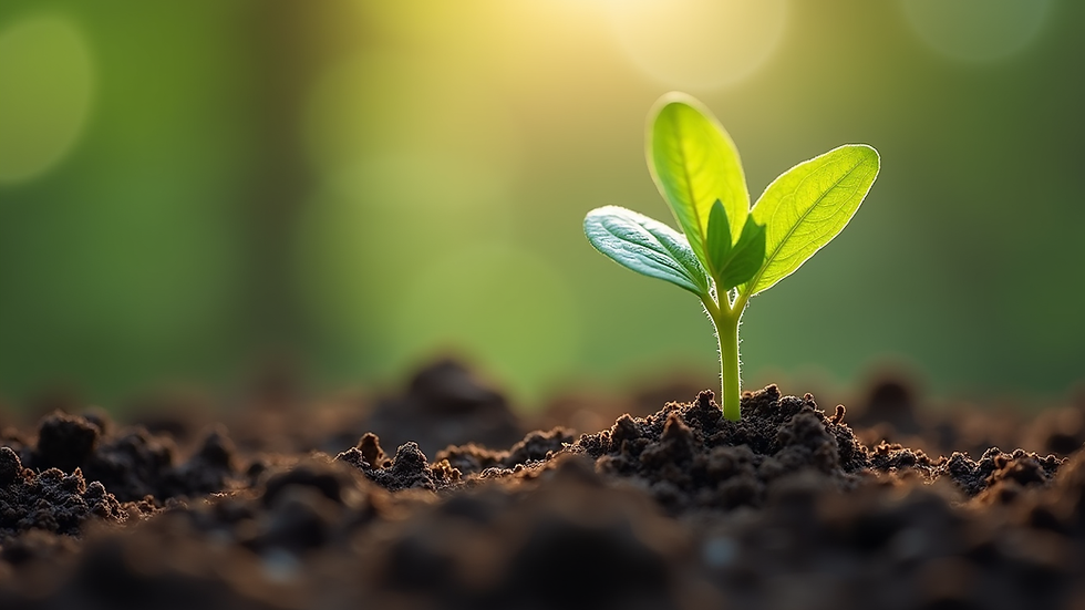 Bright green seedling sprouting from dark soil in warm sunlight, with blurred green background and a hopeful mood.