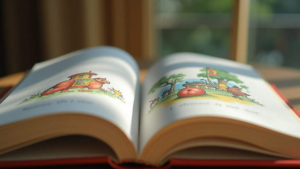 Close-up view of an open storybook with colorful illustrations