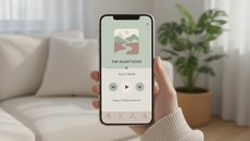 Eye-level view of a smartphone displaying an audiobook app interface