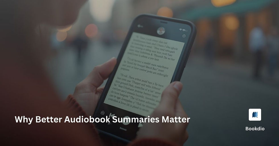 Close-up view of a smartphone playing an audiobook summary article cover on bookdio