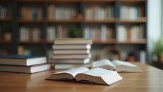 Eye-level view of a stack of books on a wooden table