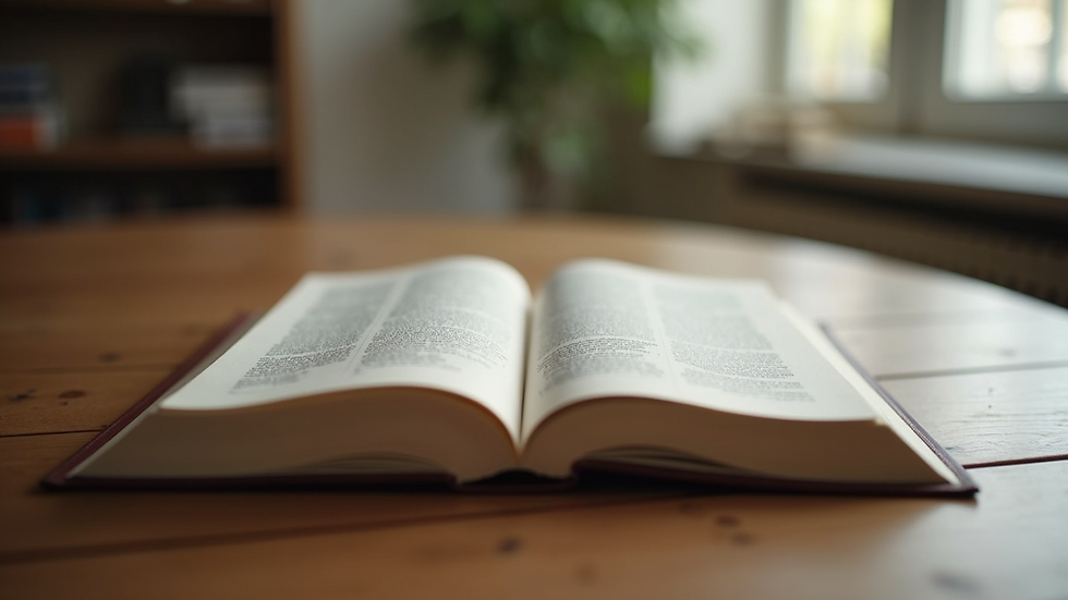 Eye-level view of an open ebook on a wooden table