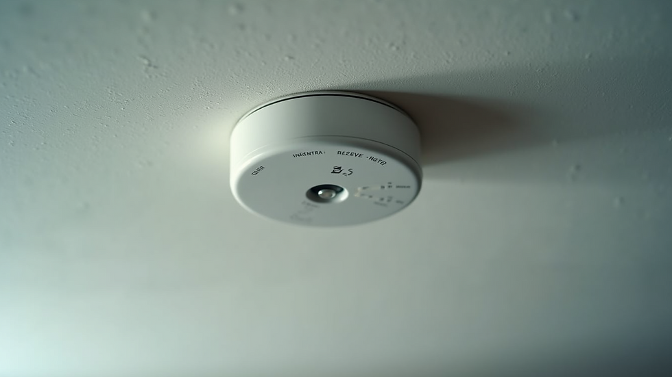 Close-up view of a smoke alarm installed on a ceiling