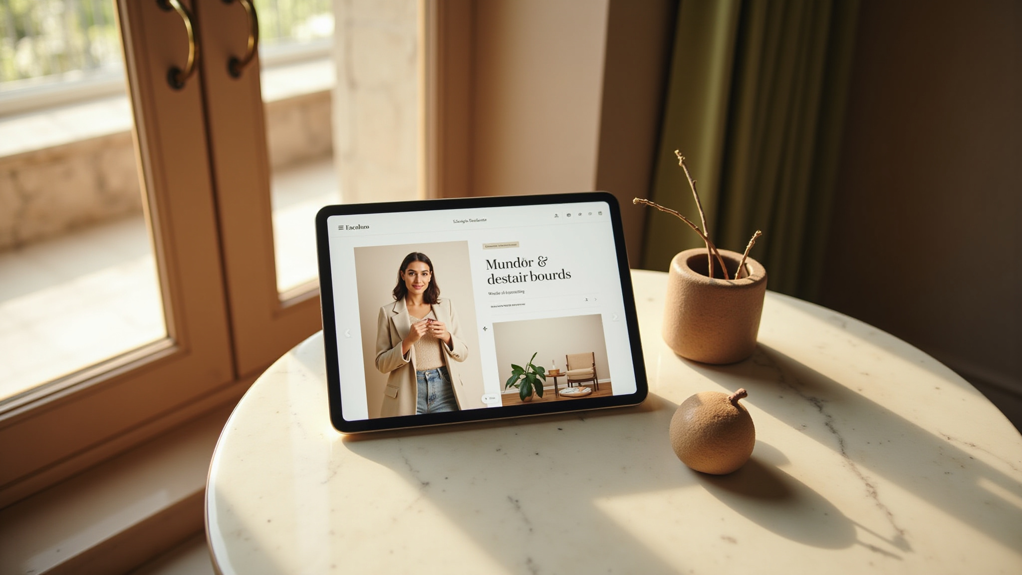 Tablet on a table showing a woman on a website